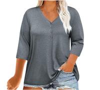Keepink Women's 3/4 Sleeve T Shirts UK Half Button V Neck Tunic Tops Baggy Solid Tshirt Work Dressy Shirts Summer Fall Pullover Blouse Plus Size Tops for Women 18-26 Clearance