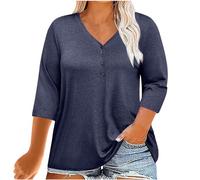 Keepink Women's 3/4 Sleeve T Shirts UK Half Button V Neck Tunic Tops Baggy Solid Tshirt Work Dressy Shirts Summer Fall Pullover Blouse Plus Size Tops for Women 18-26 Clearance