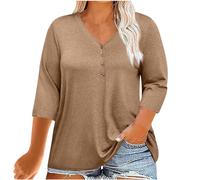 Keepink Women's 3/4 Sleeve T Shirts UK Half Button V Neck Tunic Tops Baggy Solid Tshirt Work Dressy Shirts Summer Fall Pullover Blouse Plus Size Tops for Women 18-26 Clearance