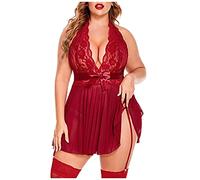 Keepink Women's Babydoll Lingerie Set Plus Size Lace V Neck Mesh Halter Sexy Nightdress with Thong and Stockings Push Up Lingerie Dress Sleepwear Naughty Costume Boudoir Outfits
