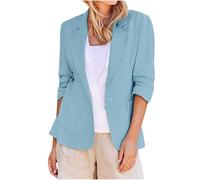 Keepink Womens Blazer Size 8-22 Cotton Linen Suit Jacket 3/4 Ruched Sleeve Lapel Cardigans Open Front Office Work Business Casual Blazer Coat Ladies Lightweight Outwear Dressy Tops