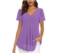 Keepink Women's Blouses & Shirts Dressy Top Summer Chiffon Blouse V Neck Short Sleeve T Shirts Womens Front Pleated Tunic Tops to Hide Belly Casual Loose Flowy Shirt Tee UK Sale