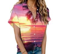 Keepink Women's Blouses & Shirts Funky Hawaiian Print Short Sleeve Tops Casual Lapel Neck Button Down Shirt Elegant Tunic Top Ladies Summer T-Shirts Beach Holiday Outfits 2024 Clearance