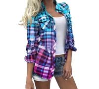 Keepink Womens Button Down Shirts Dressy Casual Blouses Roll Up Long Sleeve Classic-Fit Plaid Shirt Loose Linen Checked Jacket Cardigan Wrinkle-Free Collared Tops Work Office Blouse