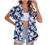 Keepink Womens Button Down Shirts Rolled Cuffed Short Sleeve V Neck Collared Blouses Hawaiian Floral Tropical Print Shirt Casual Summer Tops Beach Holiday Outfits Trendy T Shirts Sale