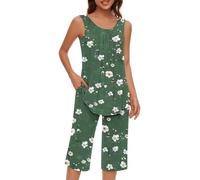 Keepink Women's Capri Pajama Set 2 Piece Loungewear Floral Print Sleeveless Vest Tops with Cropped Pant Cotton Sleepwear Comfy Nightwear Leisure Summer Outfits Tracksuits UK Sale
