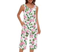 Keepink Women's Capri Pajama Set 2 Piece Loungewear Floral Print Sleeveless Vest Tops with Cropped Pant Cotton Sleepwear Comfy Nightwear Leisure Summer Outfits Tracksuits UK Sale