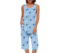 Keepink Women's Capri Pajama Set 2 Piece Loungewear Floral Print Sleeveless Vest Tops with Cropped Pant Cotton Sleepwear Comfy Nightwear Leisure Summer Outfits Tracksuits UK Sale