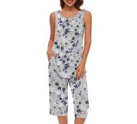 Keepink Women's Capri Pajama Set 2 Piece Loungewear Floral Print Sleeveless Vest Tops with Cropped Pant Cotton Sleepwear Comfy Nightwear Leisure Summer Outfits Tracksuits UK Sale
