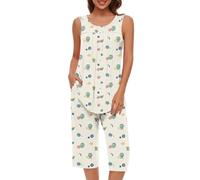 Keepink Women's Capri Pajama Set 2 Piece Loungewear Floral Print Sleeveless Vest Tops with Cropped Pant Cotton Sleepwear Comfy Nightwear Leisure Summer Outfits Tracksuits UK Sale