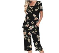 Keepink Women's Capri Pajama Set 2 Piece Loungewear Floral Print Sleeveless Vest Tops with Cropped Pant Cotton Sleepwear Comfy Nightwear Leisure Summer Outfits Tracksuits UK Sale