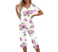 Keepink Women's Capri Pajama Set 2 Piece Sets for Women UK Casual Floral Print Loungewear Homewear Summer Short Sleeve Pja Tops with Capris Pant Workout Top & Bottom Sets Sale