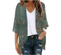 Keepink Women's Cardigans UK Summer Long Cardigan Tops Hawaii Floral Printed Cardigan 3/4 Sleeve Loose Chiffon Kimono Cardigans Open Front Jumpers Ladies Beach Cover Up Sale