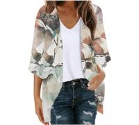Keepink Women's Cardigans UK Summer Long Cardigan Tops Hawaii Floral Printed Cardigan 3/4 Sleeve Loose Chiffon Kimono Cardigans Open Front Jumpers Ladies Beach Cover Up Sale