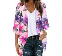 Keepink Women's Cardigans UK Summer Long Cardigan Tops Hawaii Floral Printed Cardigan 3/4 Sleeve Loose Chiffon Kimono Cardigans Open Front Jumpers Ladies Beach Cover Up Sale