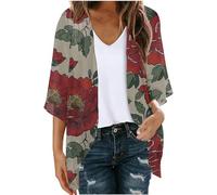 Keepink Women's Cardigans UK Summer Long Cardigan Tops Hawaii Floral Printed Cardigan 3/4 Sleeve Loose Chiffon Kimono Cardigans Open Front Jumpers Ladies Beach Cover Up Sale