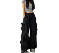 Keepink Women's Cargo Pants Fashion Drawstring Y2K Parachute Pants Solid Color Wide Leg Trousers Ladies Baggy Girls Multipocket Pants Loose Elasticated Waist Streetwear