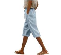 Keepink Women's Cotton Linen Shorts - Elastic Waist Knee-Length Plus-Size Casual Wide-Leg Bermuda for Beach Vacation - Trendy 2024