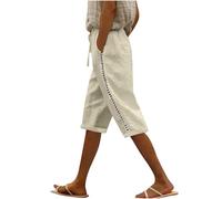Keepink Women's Cotton Linen Shorts Elastic Waist Knee Length Summer Plus Size Casual Long Bottoms Solid Wide Leg Bermuda Short Pants Beach Vacation Trendy Ladies Outfits Sale