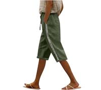 Keepink Women's Cotton Linen Shorts Elastic Waist Knee Length Summer Plus Size Casual Long Bottoms Solid Wide Leg Bermuda Short Pants Beach Vacation Trendy Ladies Outfits Sale