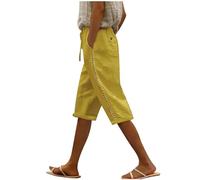 Keepink Women's Cotton Linen Shorts Elastic Waist Knee Length Summer Shorts Plus Size Casual Long Shorts Ladies Bermuda Shorts Solid Wide Leg Beach Vacation Shorts Trendy 2024
