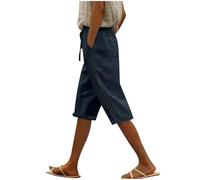Keepink Women's Cotton Linen Shorts Elastic Waist Knee Length Summer Shorts Plus Size Casual Long Shorts Ladies Bermuda Shorts Solid Wide Leg Beach Vacation Shorts Trendy 2024