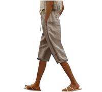 Keepink Women's Cotton Linen Shorts Elastic Waist Knee Length Summer Shorts Plus Size Casual Long Shorts Ladies Bermuda Shorts Solid Wide Leg Beach Vacation Shorts Trendy 2024