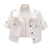 Keepink Womens Denim Jackets Button Down Short Sleeve Lapel Tops Crop Jean Coat Casual Stretch Smart Utility Trucker Biker Jacket Pockets Classic Ladies Shrugs and Boleros Cardigans