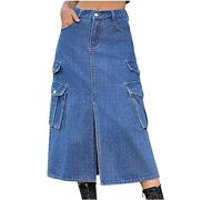Keepink Women's Denim Skirt Utility Pocket Midi Skirts Cargo Button Front Relaxed A-Line Casual Everyday Jean Skirt for Holiday Seaside Walks School Runs Weekend Outings UK Sizes