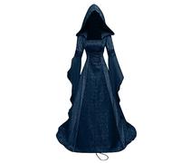 Keepink Womens Dresses Lace-up Vintage Hooded Cloak Robe Renaissance Princess Costume Bell Sleeve Gothic Gown Retro Cosplay Maxi Dress for Adult Halloween Plus Size Medieval Dress 8-22 UK