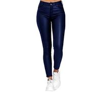 Keepink Women's Faux Leather Pants Slim Fit Solid Color Pu High Waist Long Trousers with Pockets Stretchy Butt Lift Leggings Wet Look Leather Pants UK Clearance