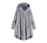 Keepink Womens Fleece Jackets Winter Hooded Coats Long Sleeve Teddy Bear Coat Oversized Button Up Sherpa Cardigan Sweater Faux Furry Outerwear Pockets Warm Overcoat UK 8-22