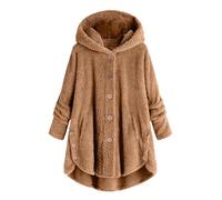 Keepink Womens Fleece Jackets Winter Hooded Coats Long Sleeve Teddy Bear Coat Oversized Button Up Sherpa Cardigan Sweater Faux Furry Outerwear Pockets Warm Overcoat UK 8-22