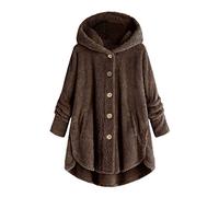Keepink Womens Fleece Jackets Winter Hooded Coats Long Sleeve Teddy Bear Coat Oversized Button Up Sherpa Cardigan Sweater Faux Furry Outerwear Pockets Warm Overcoat UK 8-22