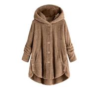 Keepink Womens Fleece Jackets Winter Hooded Coats Long Sleeve Teddy Bear Coat Oversized Button Up Sherpa Cardigan Sweater Faux Furry Outerwear Pockets Warm Overcoat UK 8-22