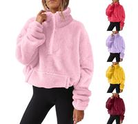 Keepink Womens Fleece Jumpers Casual Half Zip Top Fuzzy Sherpa Long Sleeve Stand Collar Tops Cozy Warm Fluffy Pullover Teddy Sweatshirts with Pockets Oversized Fall Winter Warm Coats