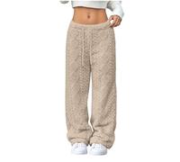 Keepink Women's Fleece Wide Leg Trousers Ribbed Lounge Pajama Pants Plush Comfort Straight Leg Sweatpants Winter Warm Relaxed Bottoms Warm Sleepwear Cosy Home Wear for Cold Days