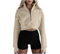 Keepink Womens Half Zip Jumpers Fleece Stand Collar Crop Sweatshirt with Thumb Hole Long Sleeve Quarter Zip Pullover Casual V Neck Sweater Loose Gym Workout Tops Ladies Hoodies