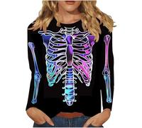 Keepink Womens Halloween Jumpers Skeleton Bones Printed Tops Long Sleeve Casual Loose Shirts Tunic Dressy Pullover T Shirts Funny Costume Plus Size Sweatshirts 8-18 UK Clearance