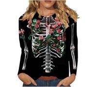 Keepink Womens Halloween Jumpers Skeleton Bones Printed Tops Long Sleeve Casual Loose Shirts Tunic Dressy Pullover T Shirts Funny Costume Plus Size Sweatshirts 8-18 UK Clearance