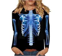 Keepink Womens Halloween Jumpers Skeleton Bones Printed Tops Long Sleeve Casual Loose Shirts Tunic Dressy Pullover T Shirts Funny Costume Plus Size Sweatshirts 8-18 UK Clearance