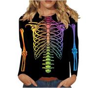 Keepink Womens Halloween Jumpers Skeleton Bones Printed Tops Long Sleeve Casual Loose Shirts Tunic Dressy Pullover T Shirts Funny Costume Plus Size Sweatshirts 8-18 UK Clearance