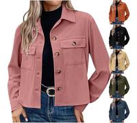 Keepink Women's Jackets Long Sleeve Button Down Coats Solid Cropped Corduroy Bomber Jacket Lightweight Short Outwear Tops with Pockets Trucker Coat Ladies Cardigan UK Sale