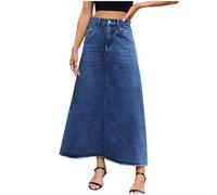 Keepink Women's Jean Skirt Stretchy Denim High Waist Button Front Midi Skirts Raw Hem Side Pockets Long A-Line Vintage Style Distressed Skirt for Holiday Casual Work Y2K Streetwear