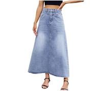 Keepink Women's Jean Skirt Stretchy Denim High Waist Button Front Midi Skirts Raw Hem Side Pockets Long A-Line Vintage Style Distressed Skirt for Holiday Casual Work Y2K Streetwear