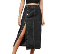 Keepink Women's Jean Skirts Casual Button Down Denim Midi Skirt with Cargo Pockets Zip Fly Relaxed Fit High Waisted A Line Skirt Stretchy Slit Skirts for Holiday Weekend Regular Fit