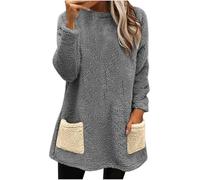 Keepink Women's Jumpers Plus Size 8-18 UK Oversized Fuzzy Fleece Sweatshirts Teddy Fluffy Sherpa Pullover Tops Y2k Warm Long Sleeve Shirts Autumn Winter Soft Sweater Pockets