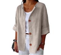 Keepink Women's Linen Cardigan Blouse Solid V Neck Long Sleeve Button Front Shirts Relaxed Fit Open Tops Beach Cover-Up Summer Oversized Tops Holiday Ladies Cardigans Plus Size