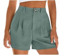 Keepink Womens Linen Shorts Solid Zip Fly Button Front Pleated with Pockets Casual Smart Bermuda Trousers Straight Leg Capri Length Bottoms for Work Summer Holiday Walking