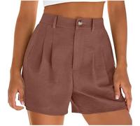Keepink Womens Linen Shorts Solid Zip Fly Button Front Pleated with Pockets Casual Smart Bermuda Trousers Straight Leg Capri Length Bottoms for Work Summer Holiday Walking